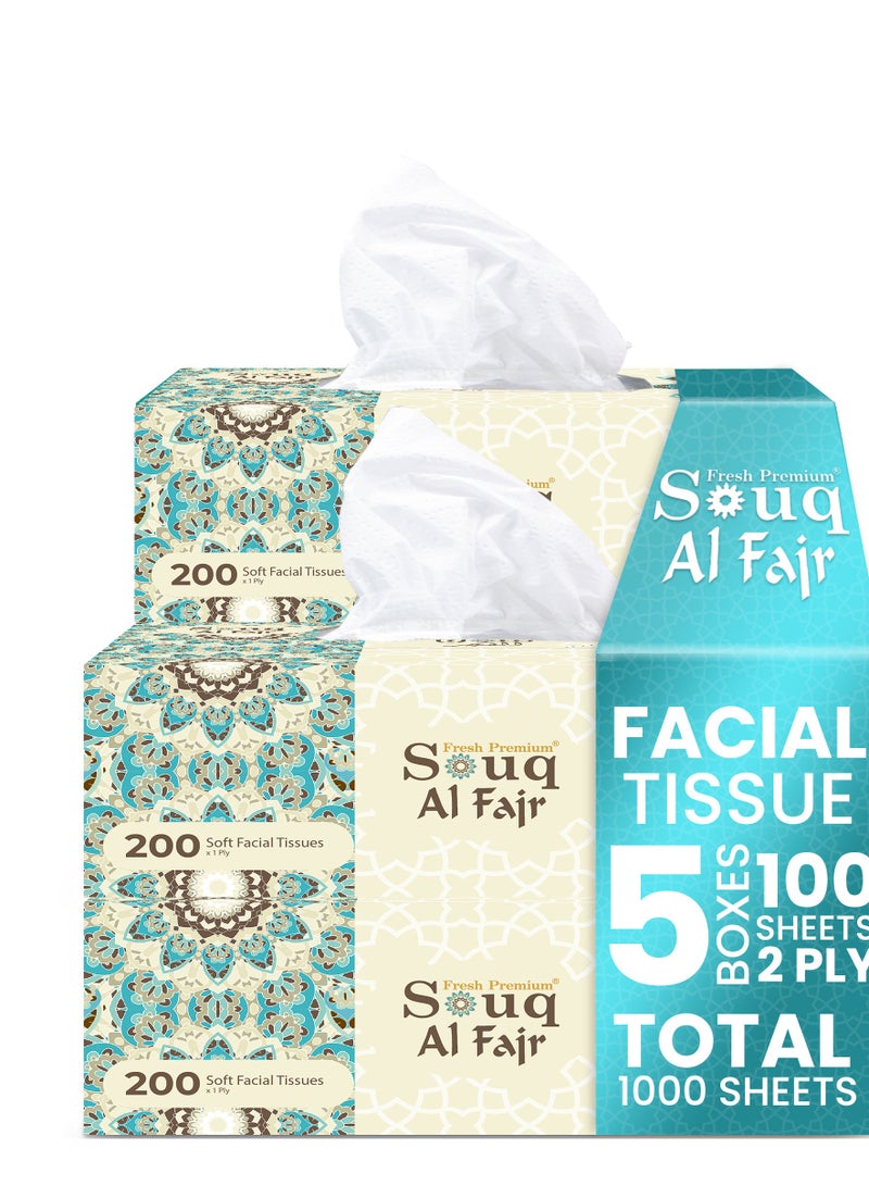 إس إن إتش باكينج علبة مناديل وجه سوق الفجر، عبوة من 5 قطع، 100 ورقة × طبقتين لكل علبة، إجمالي 1000 ورقة (200 ورقة لكل علبة). - Image 1